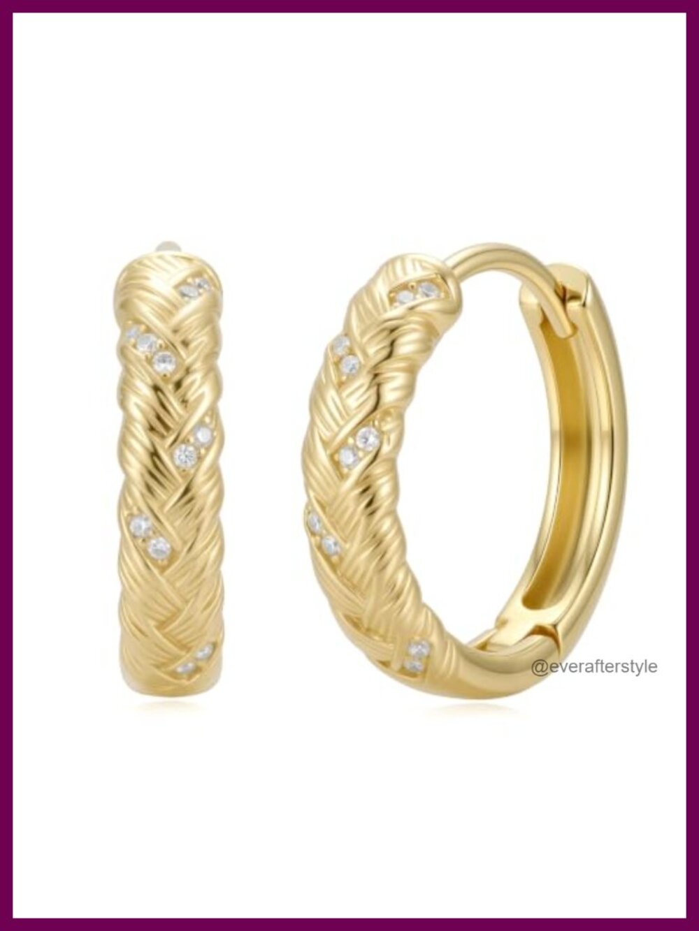 14K Gold Plated Braided Hoop Earrings 20mm Huggie Hypoallergenic CZ Pave